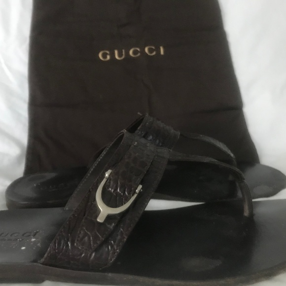 Gucci Brown Embossed Leather Sandals